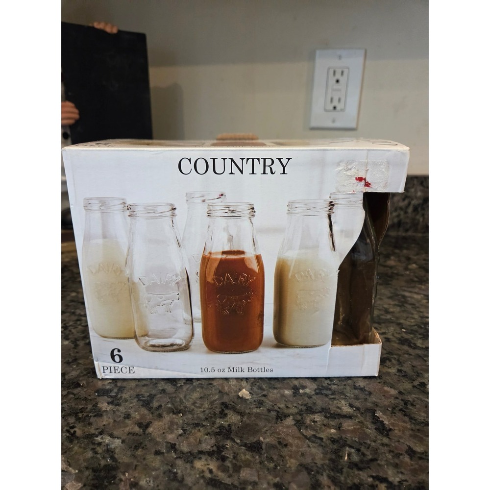 Circleware Country Glass Milk Bottles 10.5 oz 6 Piece Set Embossed Dairy Cow